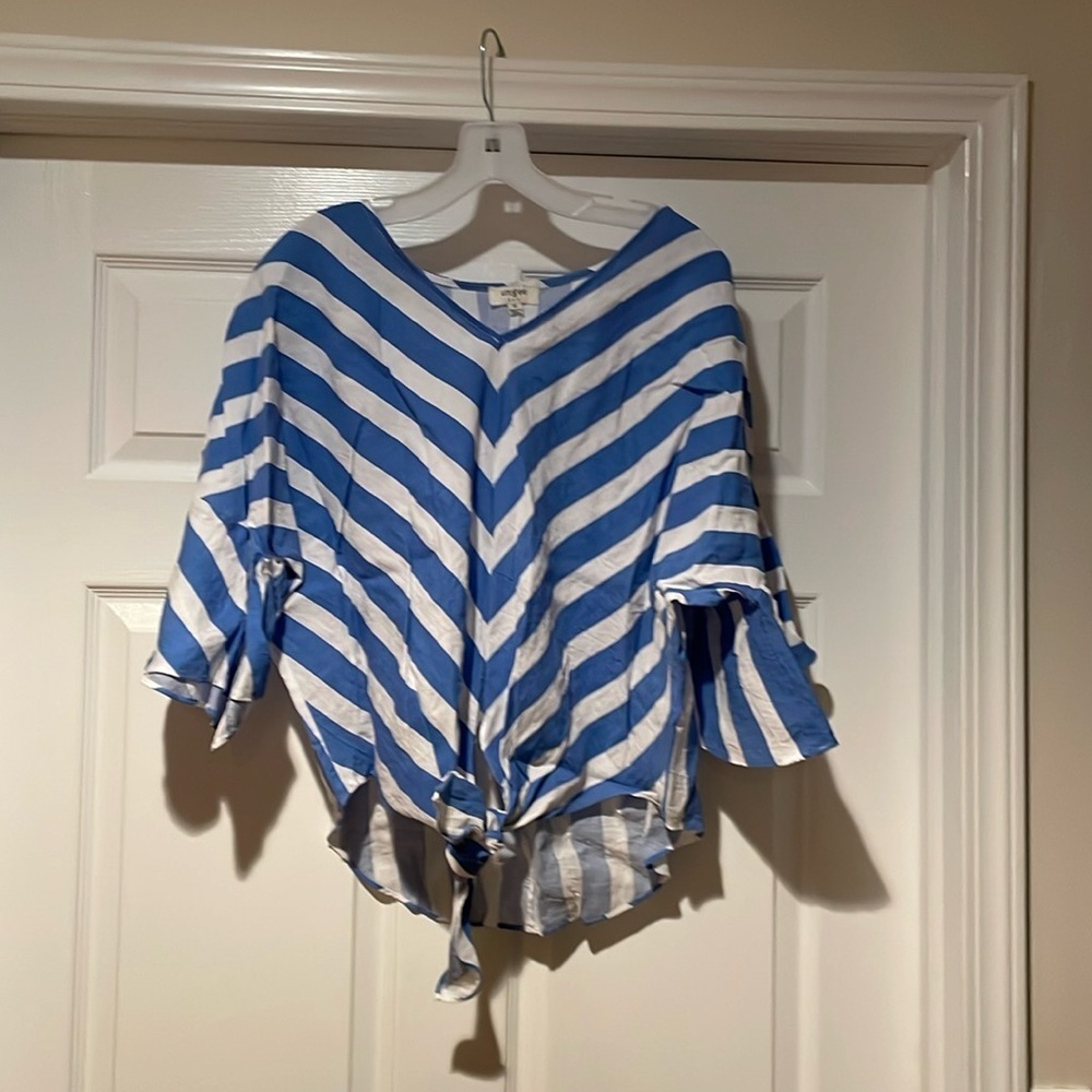 Umgee Blue and White Striped Tie-Front Blouse